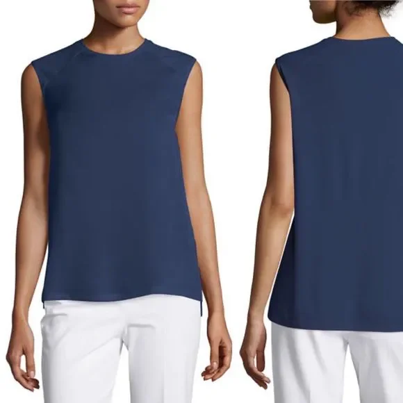 Theory Size S Roliet Modern Silk Satin & Jersey Mixed Tank Top Navy Blue Black - Picture 5 of 12